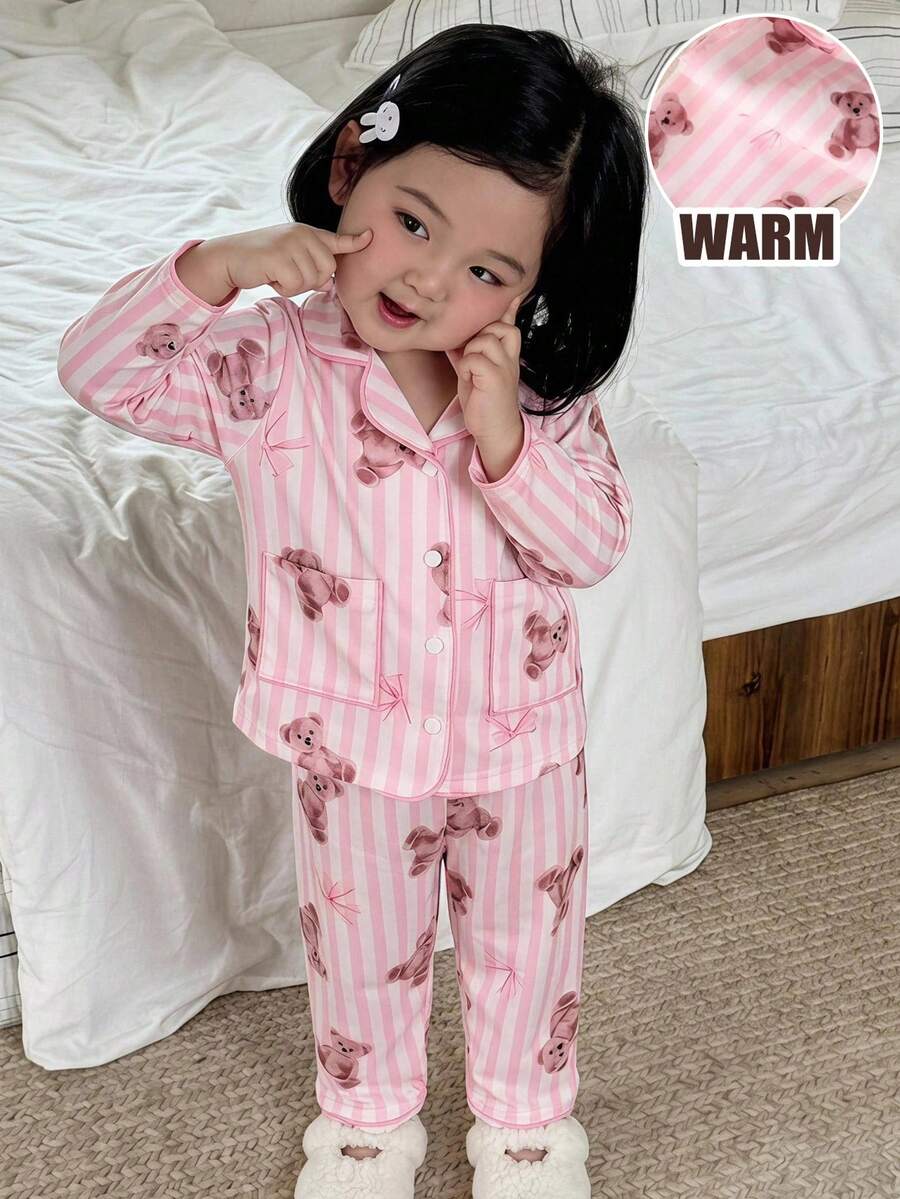 LMoss Kids Baby Girl Baby Girl Sweet Minimalist Bow Cartoon Bear Pattern Collared Button Long Sleeve Pants Comfortable Knit Pajama Set 2 Pieces - Multicolor - View 1