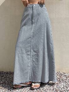 Livesso Tall Women's Striped Long Vacation Style Denim Skirt Fall - Light Wash - View 8