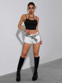 SHEIN ICON Shorts en mezclilla bajo crudo - Blanco - Ver 3