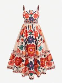 SHEIN Girlism Tween女孩時尚休閒度假熱帶花卉植物印花細肩帶A字洋裝 橘色 - 亮橙色 - 查看 3