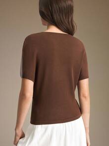 Ontre 2026 New Summer Women's Fitted Waist Dark Brown Batwing Sleeve Knit Sweater Top, V-Neck Asymmetrical Hem With Side Slit, Casual Commute Urban Modern Minimalist Elegant Tea Party Independence Day Old Money Style Teacher Outfit Office Wear Holiday Outfit Vacation Date Outing Fashion Versatile Women's Sweater - Brown - View 5