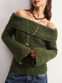 Bohemela Women's Versatile Retro Off-Shoulder Long Sleeve Sweater Fashion - Army Green - View 4