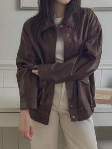 DAZY Jaket PU Wanita Warna Polos Longgar Berkerah Lengan Panjang dengan Resleting Kasual Gaya Jalanan untuk Liburan Musim Semi dan Gugur - Coklat - View 1