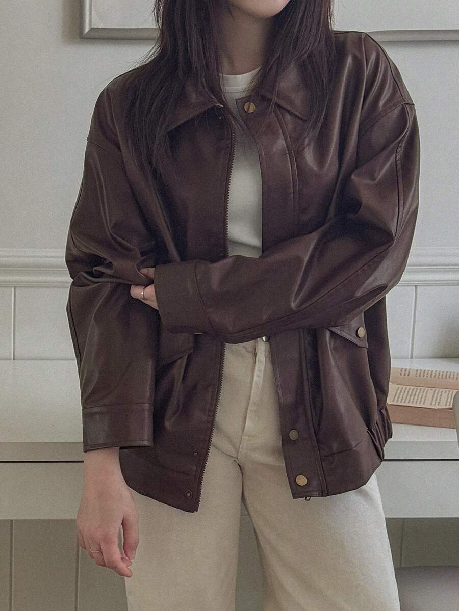 DAZY Jaket PU Wanita Warna Polos Longgar Berkerah Lengan Panjang dengan Resleting Kasual Gaya Jalanan untuk Liburan Musim Semi dan Gugur - Coklat - View 1