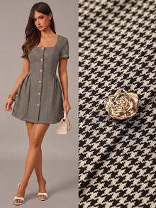 Radiana Women's Summer Elegant Preppy Houndstooth Front Button Waist-Cinched Mini Dress Back-To-School Office Brunch Black And White - Brown - View 7