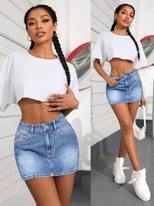 SHEIN PETITE Women's Pocket Bodycon Casual Versatile Denim Skirt - Medium Wash - View 6