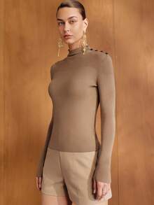MOTF PREMIUM WOMEN'S AUTUMN/WINTER MINIMALIST VERSATILE SOLID COLOR STAND COLLAR BUTTON DECOR SLIM FIT SWEATER - Brown - View 4