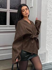 MainGRL Lace-Up Overcoat, Minimalist Fashion Casual Everyday In Fall/Winter - Brown - View 4