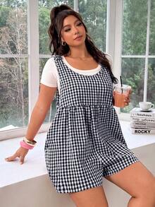 SHEIN EZwear Plus Size Women's Plaid Pocket Wide Leg Loose Casual Overalls Shorts - Black and White - View 4