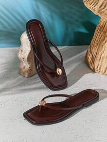 SHUZIA #QuietLuxury 女士方头金色点缀极简卷边软垫PU咖啡色人字拖——精致、简洁、轻松时尚 - 咖啡棕 - 查看 7
