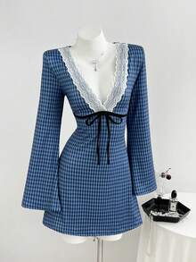 Elamini Plaid Lace Trim Tie-Front Dress - Multicolor - View 5