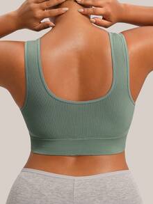 Barelissa 1pc Seamless Ribbed Solid Color Medium Support Deep U-Neck Sports Bra For Women, Wide Strap, Wire-Free Fixed Cups, Push-Up And Side-Boob Support, Daily Base Layer Camisole - Green - View 2