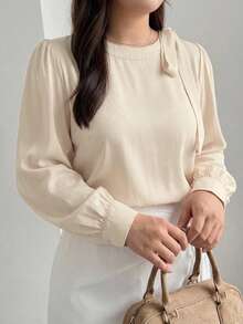 Dazy Plus Solid Color Fitted Round Neck Long Sleeve Bow Elegant Formal Spring Autumn Blouse - Baby Pink - View 3