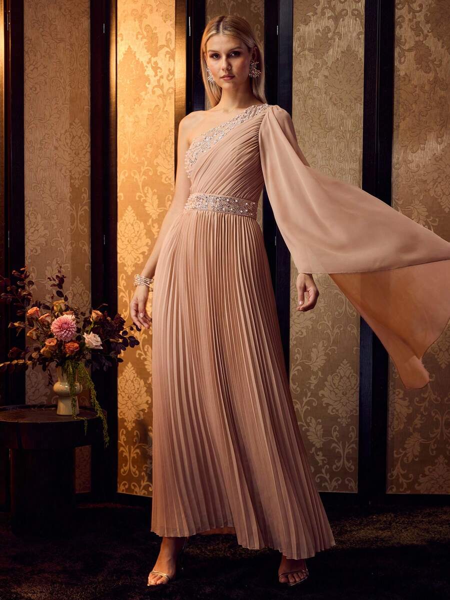 MOTF Soiréza GAUN MAKSIMAL ELEGAN SATU BAHU BERLIPIT DENGAN HIASAN BATU PERMATA & MUTIARA DI BAGIAN ATAS UNTUK PERNIKAHAN, PESTA