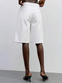 Maija Women's Summer Casual Versatile Solid Color Distressed Denim Shorts, Versatile Jeans, White Denim, Ripped Jeans, Casual, Commuter, Holiday, Festival. - White - View 5