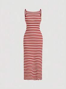 SHEIN MOD 女款條紋休閒日常穿著夏季長款細肩帶洋裝 - 紅白色 - 查看 5