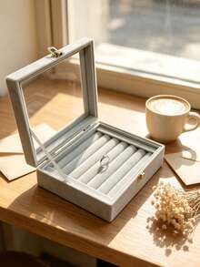Caja de almacenamiento de anillos de terciopelo con tapa transparente, bandeja organizadora de exhibición de anillos, estuche de almacenamiento de joyas para anillos, pequeño soporte de joyas para exhibición en el hogar y la tienda - Multicolor - Ver 2