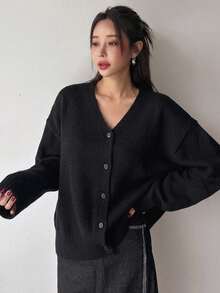 DAZY Women's Solid Color V-Neck Casual Versatile Daily Wear Long Sleeve Sweater - Black - View 2