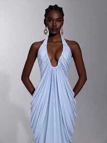Elitara Elegant Minimalist Fashion Blue Elastic Mesh Halter Strap Full Pleated Maxi Formal Evening Gown For Women - Blue - View 7