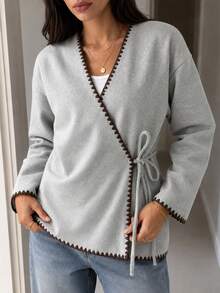 Solavon Women's Vintage Shell Embroidery Contrast Color Tie-Up Long Sleeve Overcoat - Light Grey - View 5