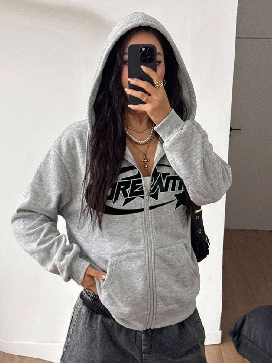 Coolane Casual Letter & Star Pattern Hooded Zip-Up Long Sleeve Loose Sweatshirt For Women, Thick Material, Autumn/Winter Hoodie - Light Grey - View 1