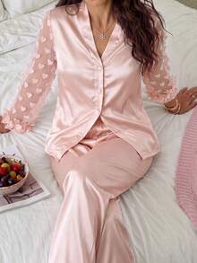Rafferiza 3pcs Floral Lace Heart Mesh Splice Faux Silk Women Long Sleeve Top And Pants Pajama Set, Fall Winter Clothes - Pink - View 6