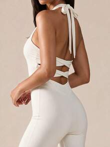Glamine August Vacation Fitness Jumpsuit, White Halter Tie Back Cut‑Out Contouring Romper For Summer Festival Parties & Daily Sports - White - View 3