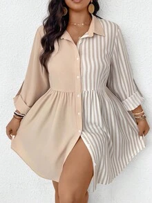 SHEIN Frenchy 大码夏季休闲度假条纹拼布女式衬衫连衣裙 - 卡其色 - 查看 3