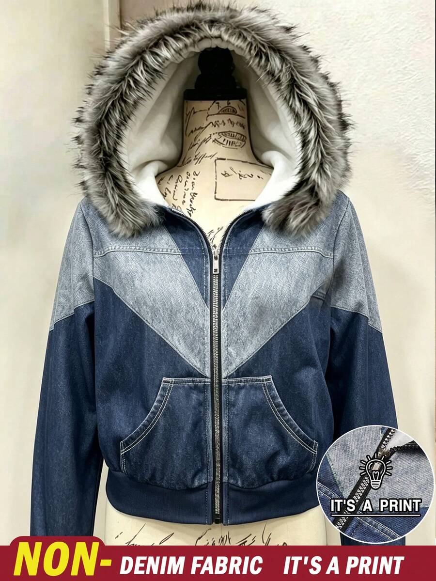 Lalippa 女款時尚牛仔效果印花口袋拉鍊長袖連帽衛衣 - 彩色 - 查看 1