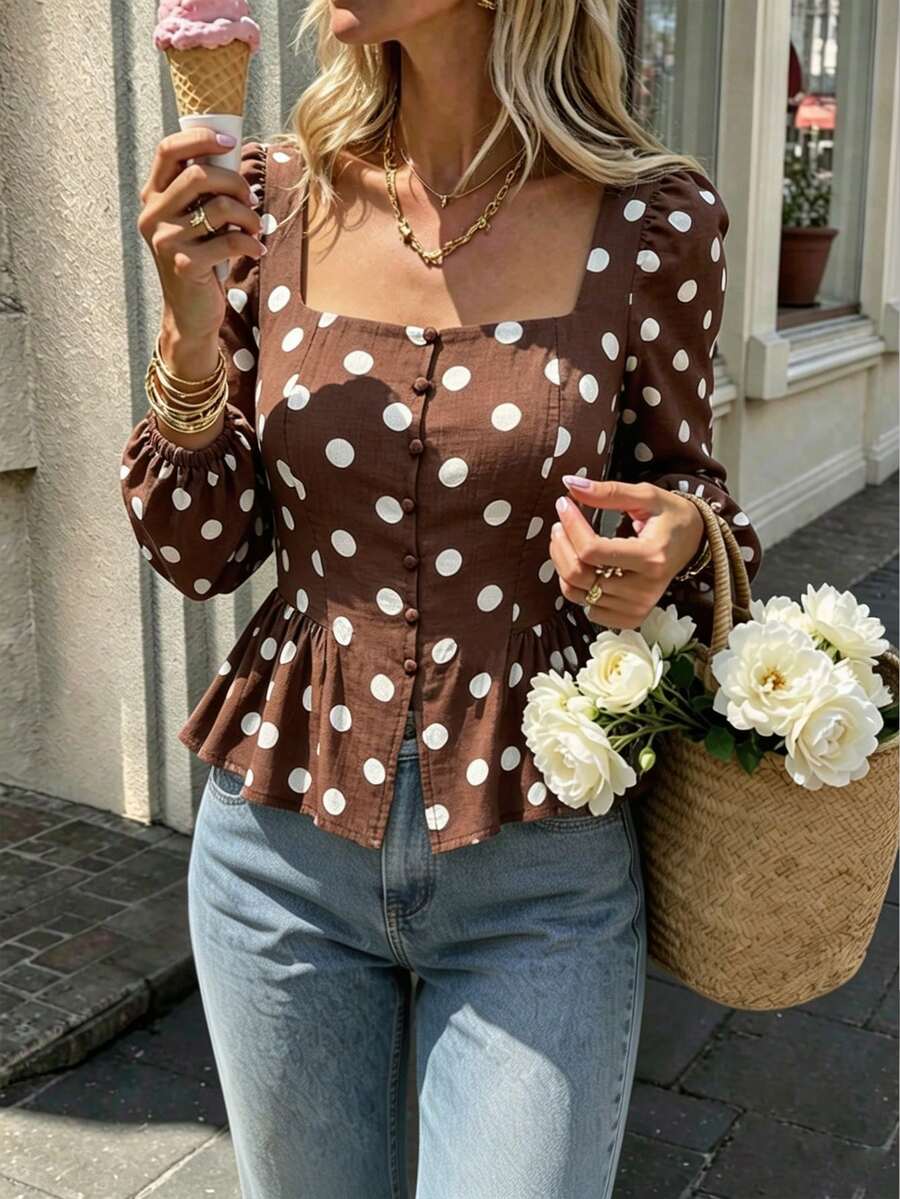 SHEIN PariChic 女款優雅法式經典棕色與白色波點編織復古長袖方領襯衫,適合度假約會茶會早午餐秋季 - 棕色 - 查看 1