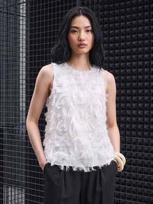 Ontre 女款白色優雅派對夏季杏色提花流蘇布料圓領下擺波希米亞風度假海灘商務休閒通勤 - 杏色 - 查看 3