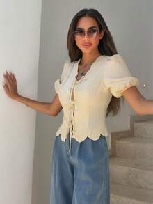 Alya Khalil Women's Summer Casual French Style/Work Brunch Petal Sleeve Tie Front Shirt Green And White Striped - Yellow - View 5