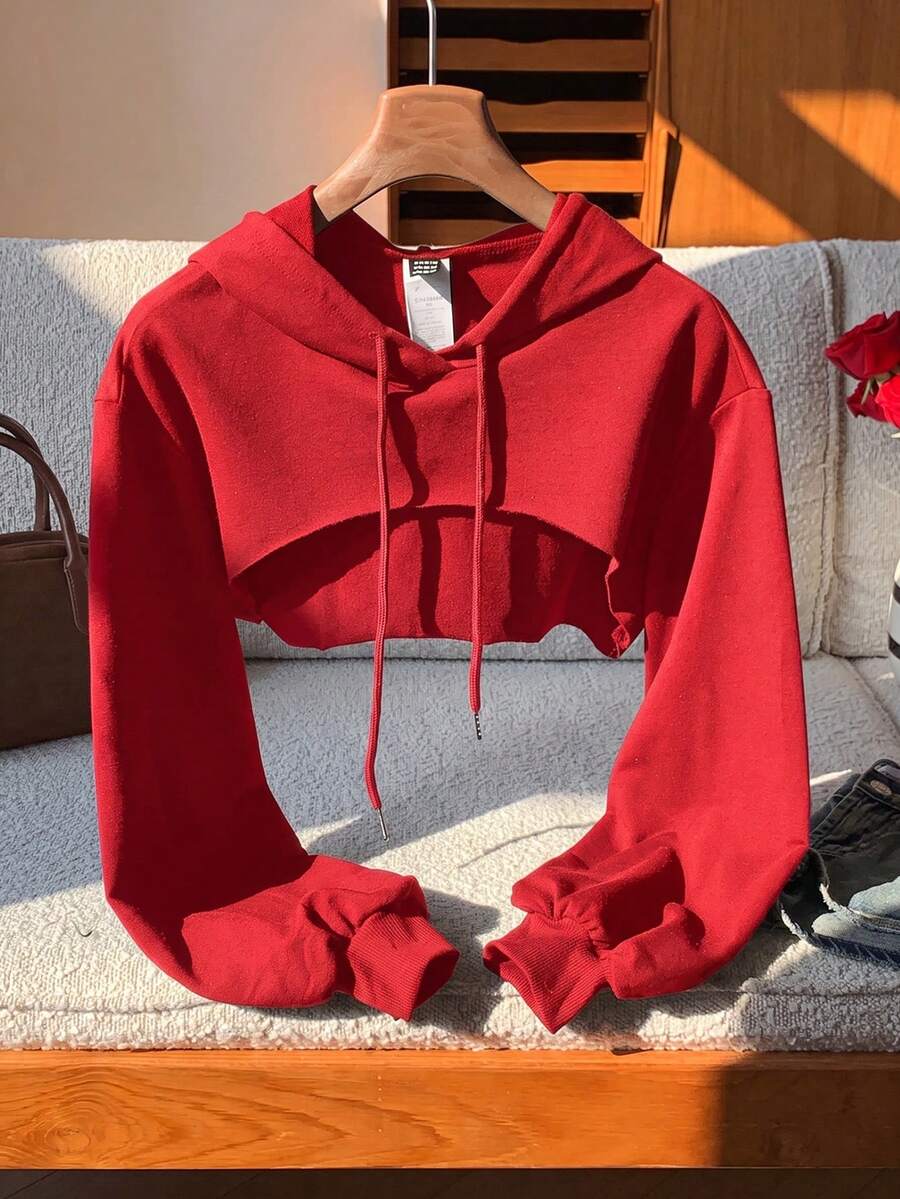 SHEIN EZwear 抽繩設計超短版女款運動衫上衣,黑白配色,秋冬紅色長袖 - 紅色 - 查看 1