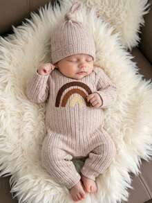 SHEIN Newborn Baby 2pcs Romper Set, Ribbed Long Sleeve Outfit With Rainbow Embroidery And Ear Beanie, Beige Minimalist Spring Autumn Infant Clothing - Apricot - View 1
