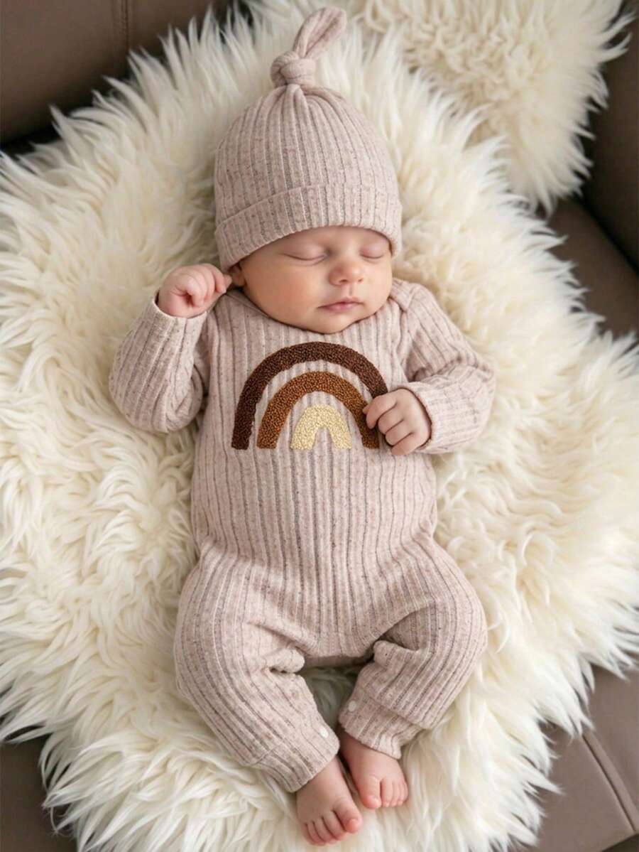SHEIN Newborn Baby 2pcs Romper Set, Ribbed Long Sleeve Outfit With Rainbow Embroidery And Ear Beanie, Beige Minimalist Spring Autumn Infant Clothing - Apricot - View 1