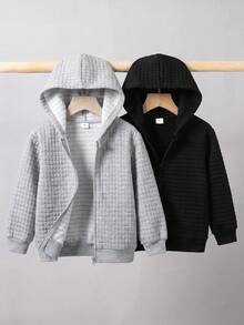 SHEIN 兒童小男孩拉鍊長袖連帽衛衣休閒運動學院風 2件套 柔軟舒適 秋冬開襟外套套裝 - 彩色 - 查看 3