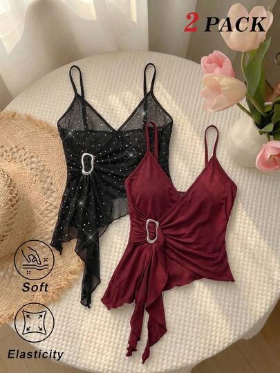SHEIN MOD Women's Asymmetric Hem Wrap Cami Tops 2pcs, Black Sequin And Burgundy,Halloween,Gothic ,Country Concert Outfit, Cowgirl Outfits ,Vacation Outfits