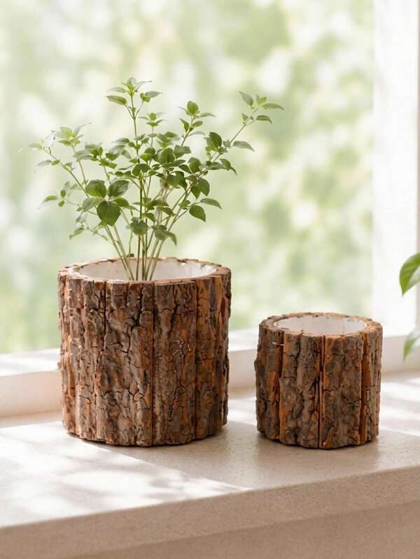 Haus Hana Rustic Bark Wood Stump Planter Pot, Floral Arrangement Bucket & Decorative Flower Container, Natural Log Style Vase For Dried Flowers, Faux Plants, Table Centerpiece, Living Room, Entryway, Wedding, Holiday & Housewarming Gift