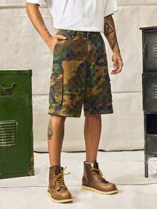 Men's Summer Camouflage Diamond Crochet Cargo Denim Shorts, Loose Wide Leg - Army Green - View 7