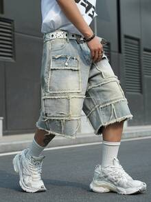 Manfinity EMRG Men's Street Style Casual Multi-Pocket Patchwork Raw Hem Blue Plus Size Cargo Denim Shorts - Light Wash - View 6
