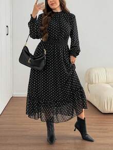 SHEIN LUNE Gaun Liburan Lengan Panjang Motif Polkadot Gaya Prancis Ukuran Plus - Hitam dan Putih - View 4