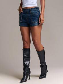 SHEIN BAE Women's Casual Versatile Denim Shorts With Pockets For Daily Wear - Dark Wash - View 6