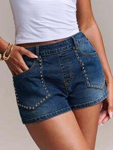 SHEIN BAE Women's Casual Versatile Denim Shorts With Pockets For Daily Wear - Dark Wash - View 7