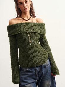 Bohemela Women's Versatile Retro Off-Shoulder Long Sleeve Sweater Fashion - Army Green - View 5