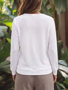 SHEIN LUNE Women's Solid Color V-Neck Long Sleeve Casual Versatile Sweatshirt - White - View 2