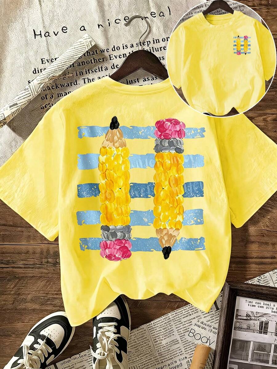 EMERY ROSE Back To School Teacher Shirt Retro Pencil Graphic Tee Cute Alphabet Classroom Top - Yellow - View 1