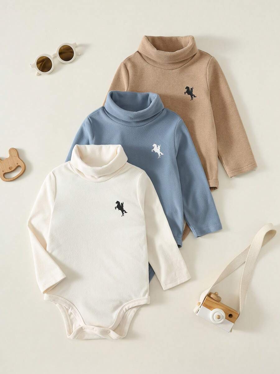 SHEIN 男嬰純色針織柔軟圓領長袖連身衣 3 件套,百搭舒適 - 彩色 - 查看 1