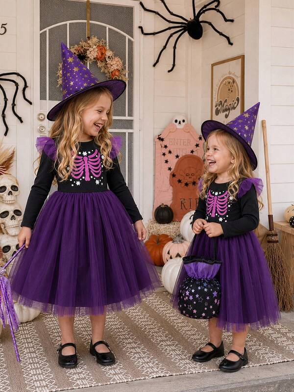 Girls' Autumn Black & Purple Sweet Cool Style Thin Knit Mesh Dress, Purple Skull Ribcage & Snowflake Print, Round Neck Long Sleeve Purple Flutter Sleeve Waist-Cinching Puff Tulle Skirt, Suitable For Garden Party, Stage, Holiday Photo Shoot, Daily & Holiday Occasion Girls' Dress
