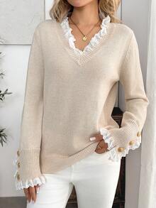 EMERY ROSE Crew Neck Casual Autumn/Winter Contrast Lace Elegant Sweater - Khaki - View 3