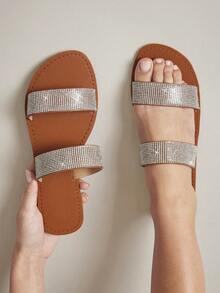 SHUZIA Women's Glamorous Open Toe Twin Crystal Band Slide Sandals - Silver - View 3